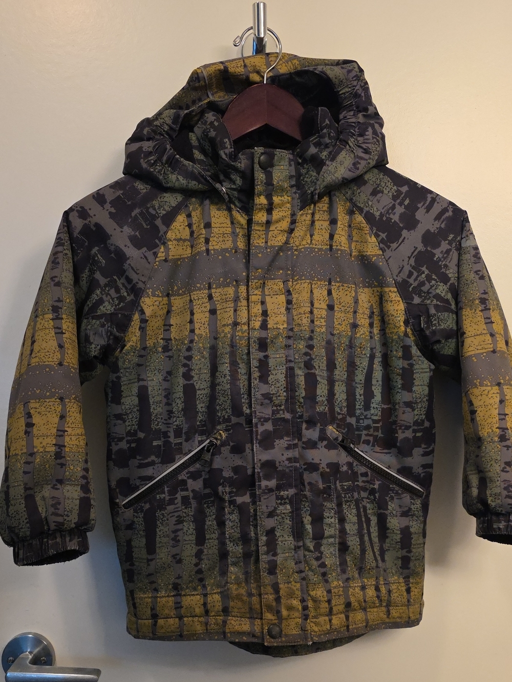 Reima Naappa Reimatic Kids Hooded Puffer Jacket in Olive Green & Yellow Print